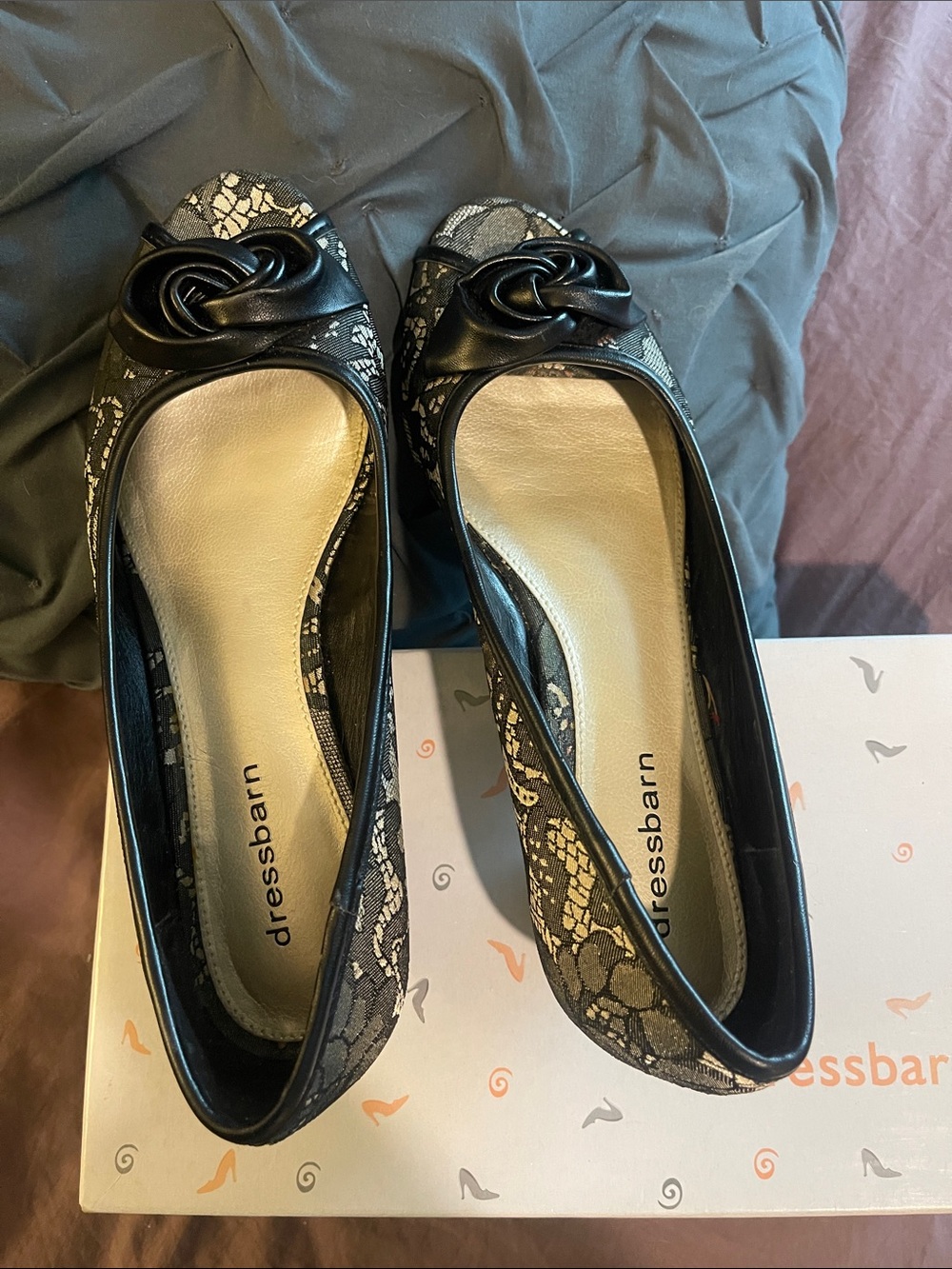 dressbarn Black Lace Peep-Toe Flats with Rosette